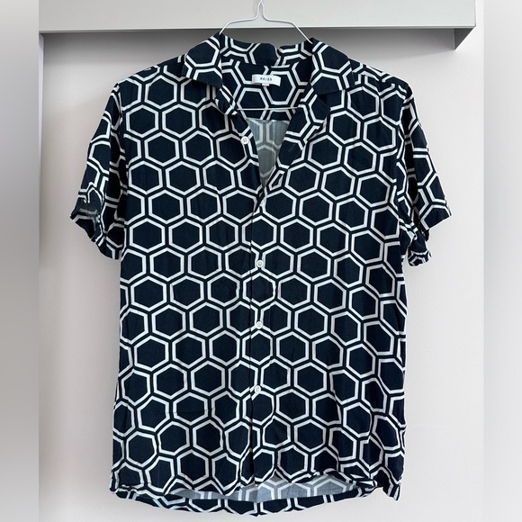 Reiss Blue Geometric Print Cuban Collar Shirt - Picture 1 of 1